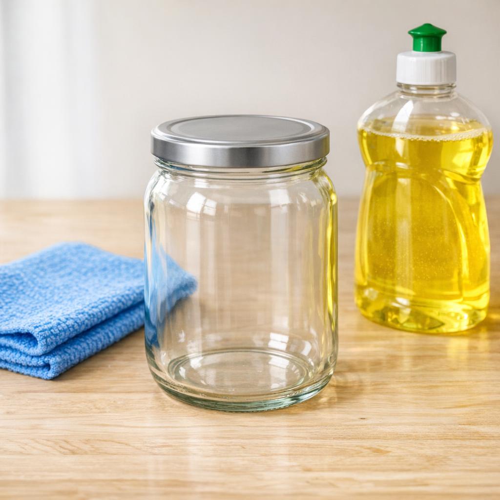 Sauberes Gurkenglas ohne Etikett auf einem Holztisch