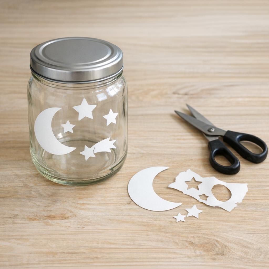 Ausgedruckte Schablone mit Mond und Sternen, Schere daneben