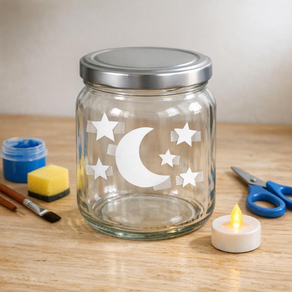 Gurkenglas mit aufgeklebten Papierschablonen von Mond und Sternen