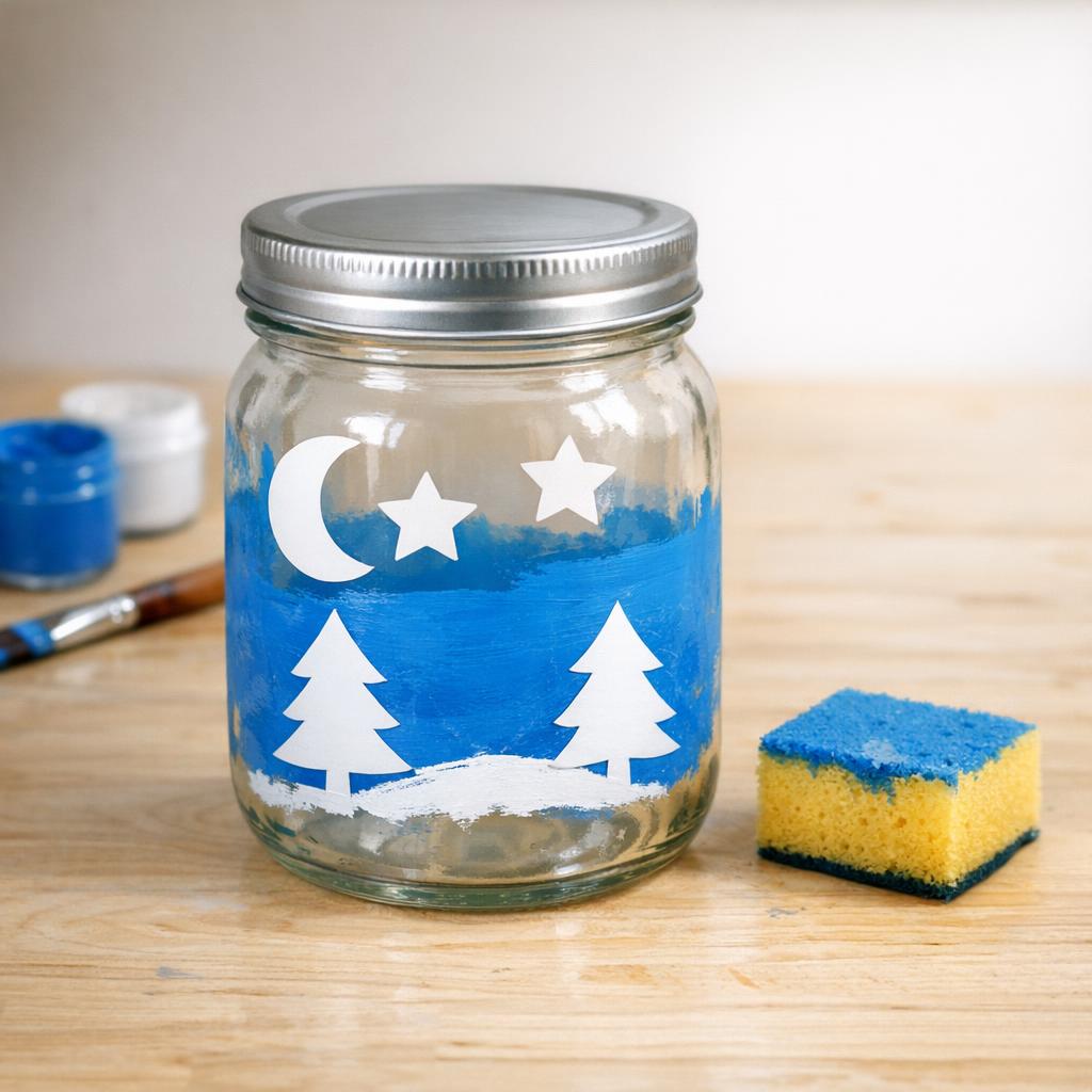 Gurkenglas mit blauer Farbe und aufgeklebten Schablonen, Schwamm daneben