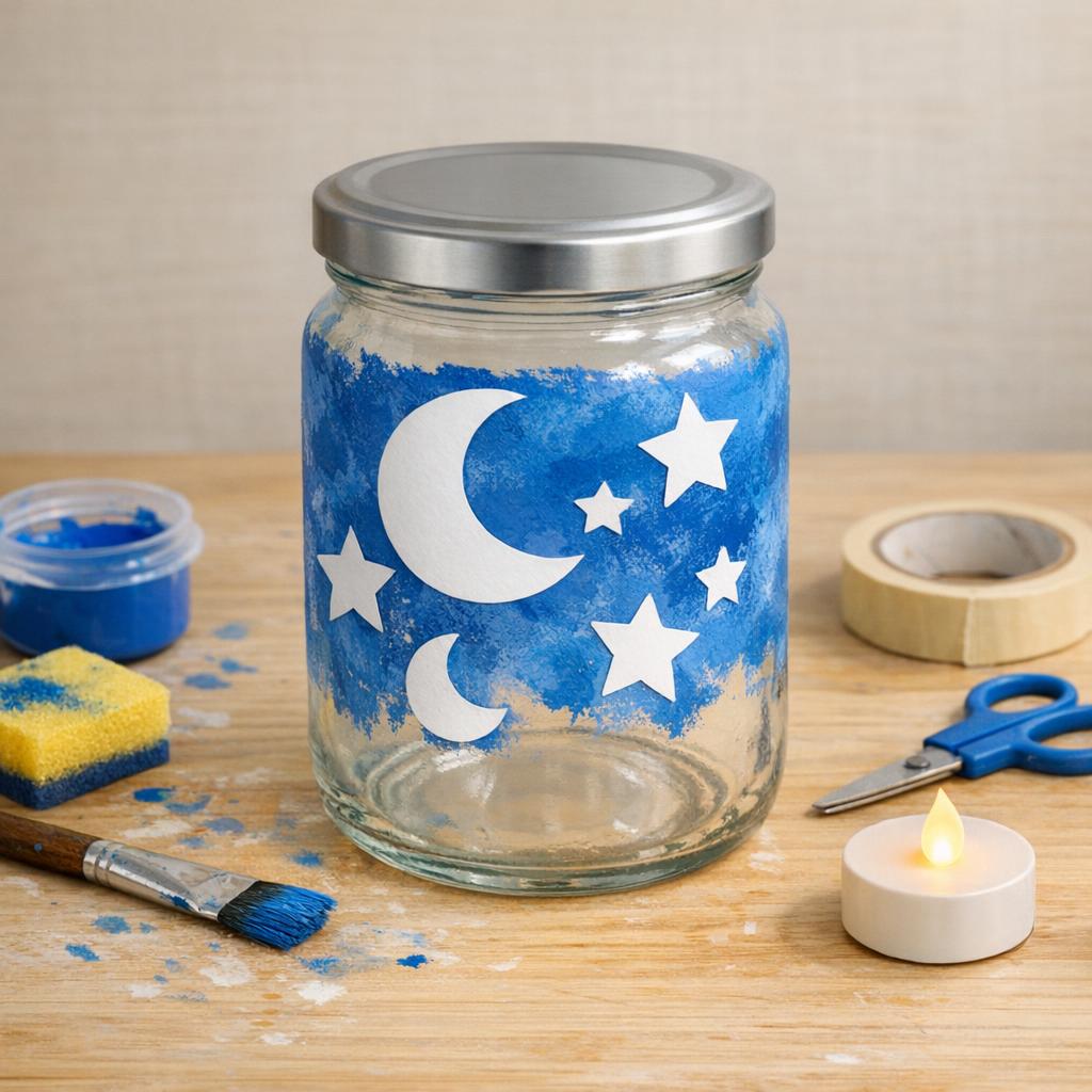 Gurkenglas mit blauer Farbe und ausgesparten Mond- und Sternmustern