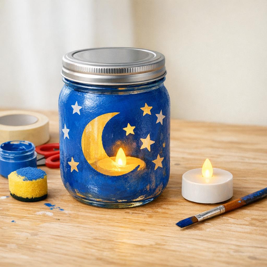 Gurkenglas mit blauer Farbe und leuchtendem LED-Teelicht darin