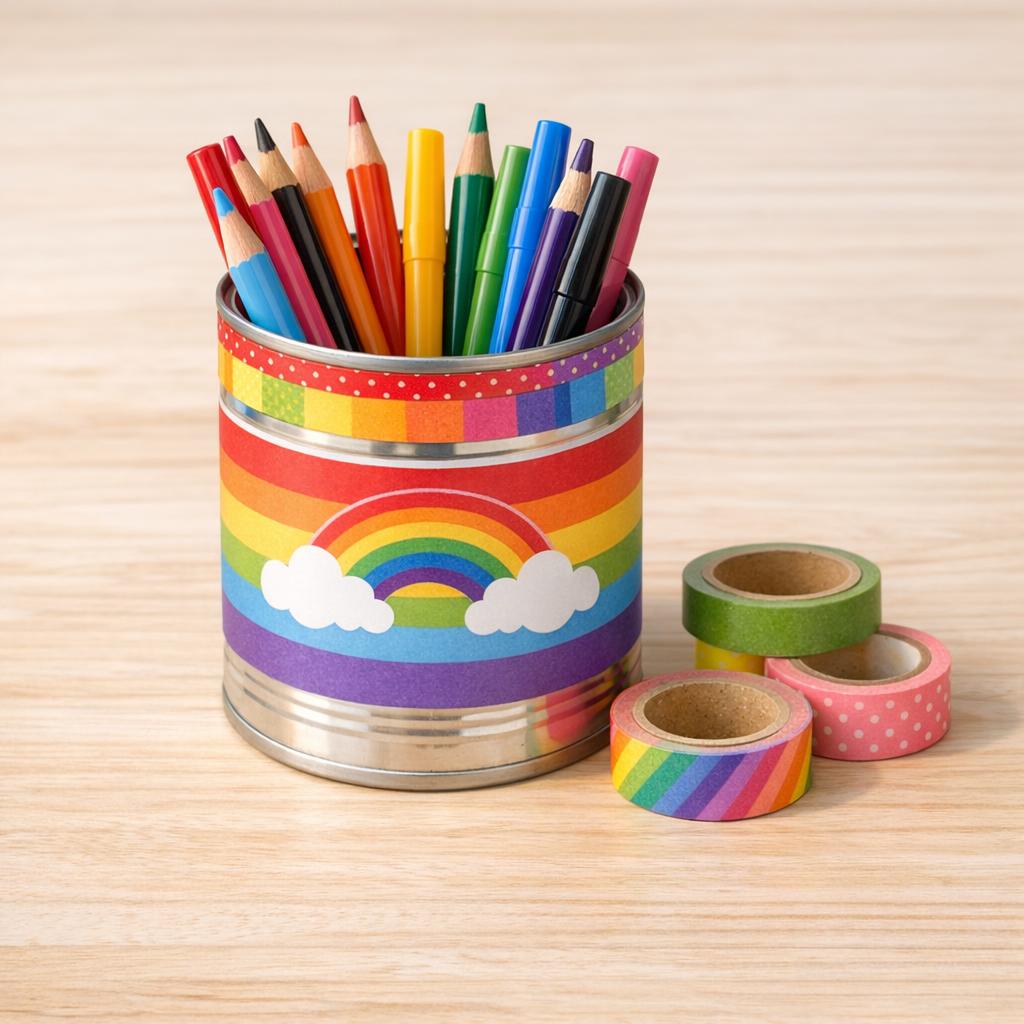 Fertiger Stiftebecher mit Washi-Tape-Dekoration und Stiften