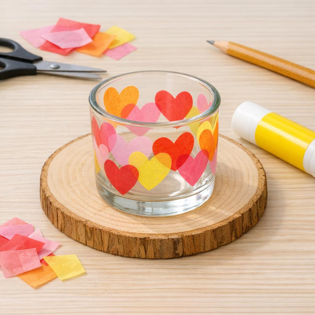 Teelichtglas mit aufgeklebten Transparentpapier-Herzen und Klebestift